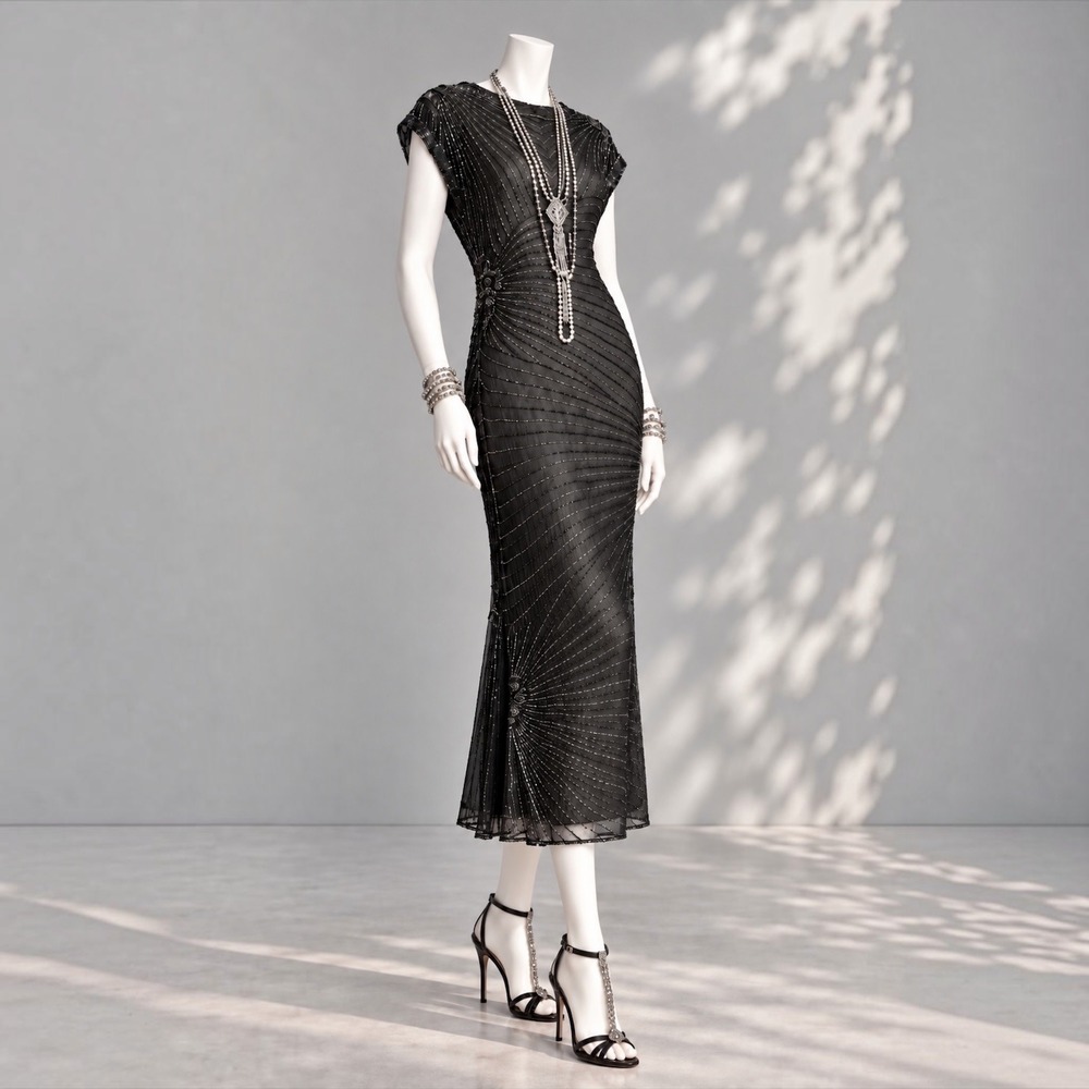 Scala 90s Black Silk Beaded Sequin Midi Dress M/L Flapper Art Deco Cocktail